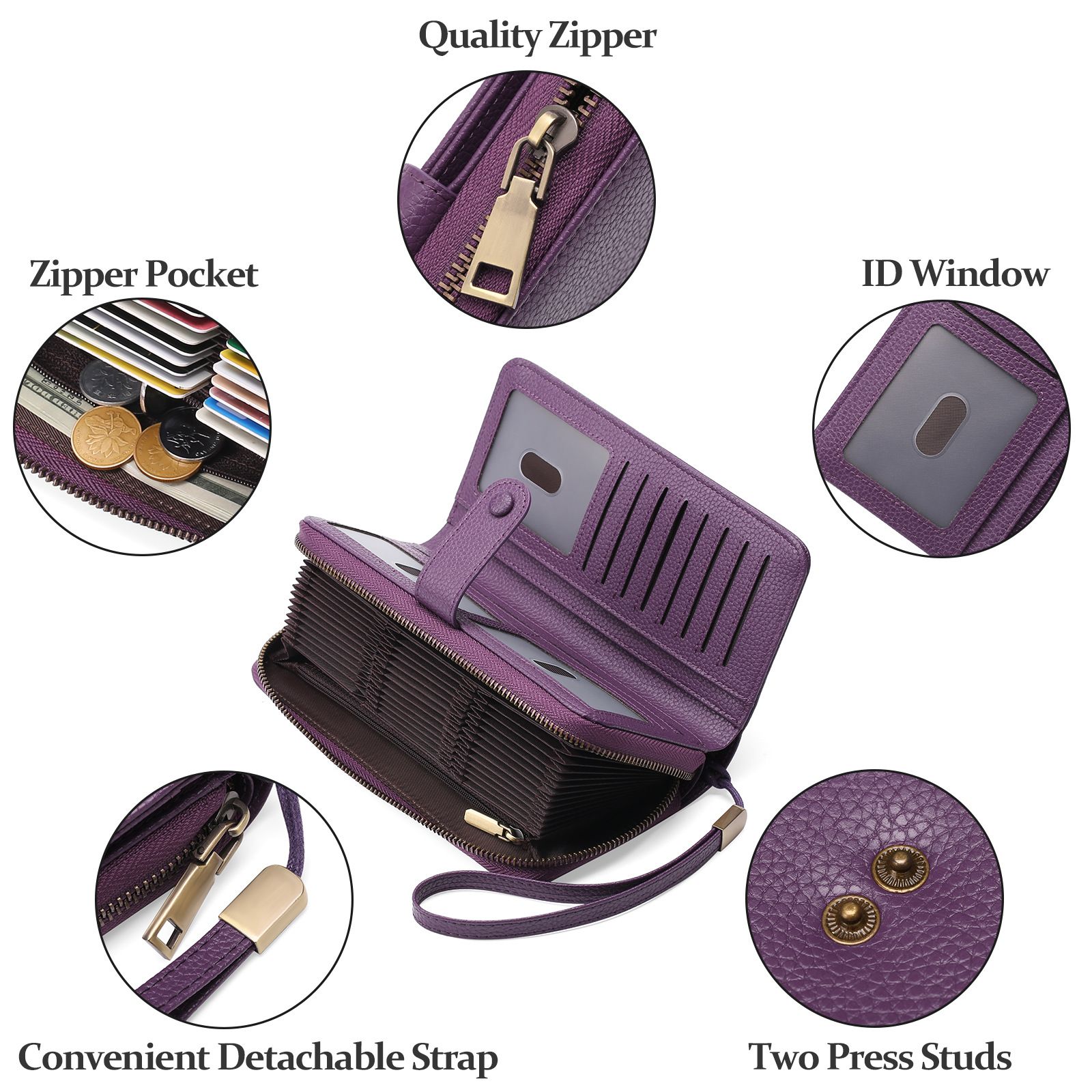 Leather Credit Card Holder Wallet for Women RFID Blocking Large Capacity Bifold Zipper Card Case Organizer with Wristlet 45 Slots（deep purple） — image 4
