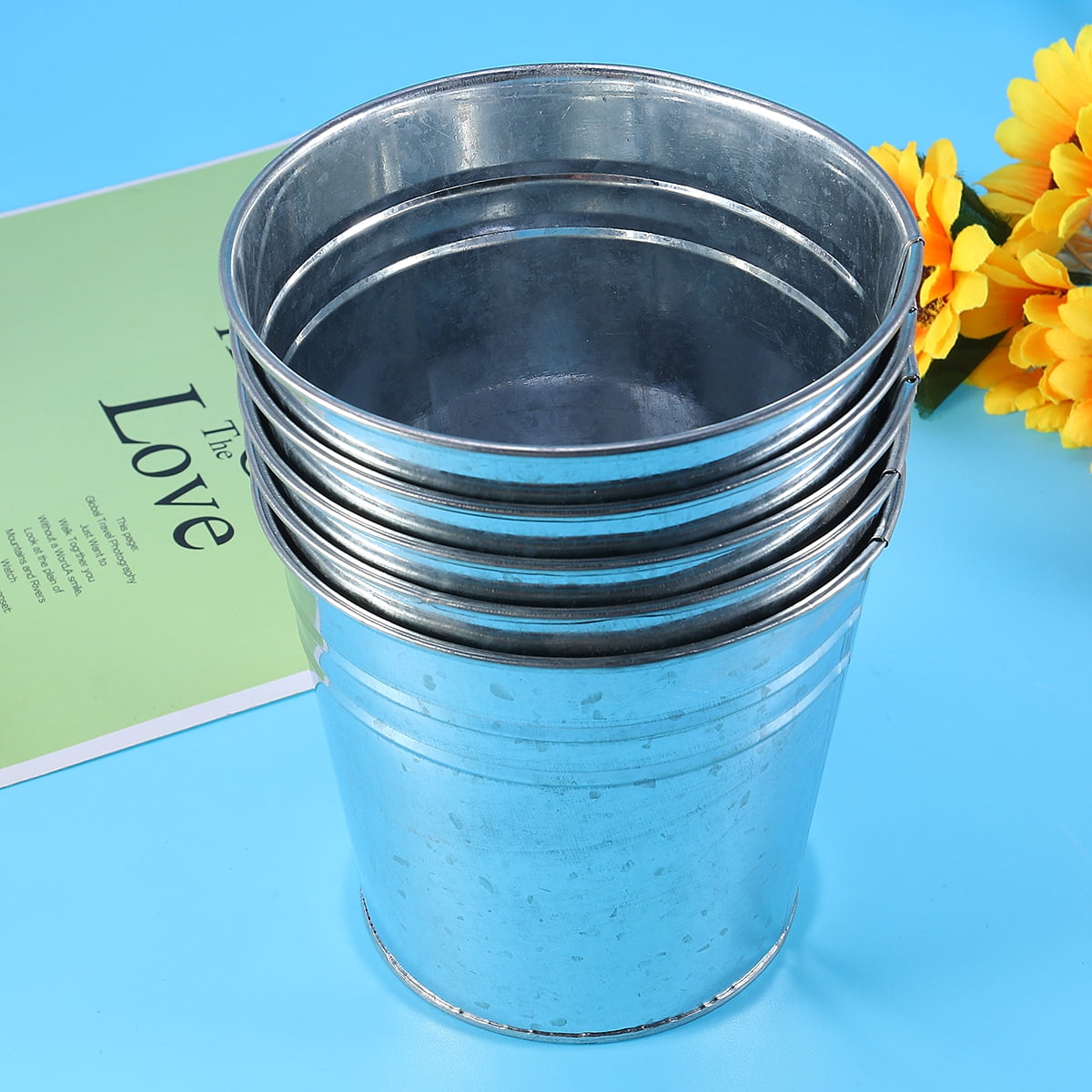 5Pcs Galvanized Metal Flower Pot Rustic Small Metal Buckets Vintage Farmhouse Flower Vase Candy Holder for Garden Landscape Decors 5pcs Silver β image 2