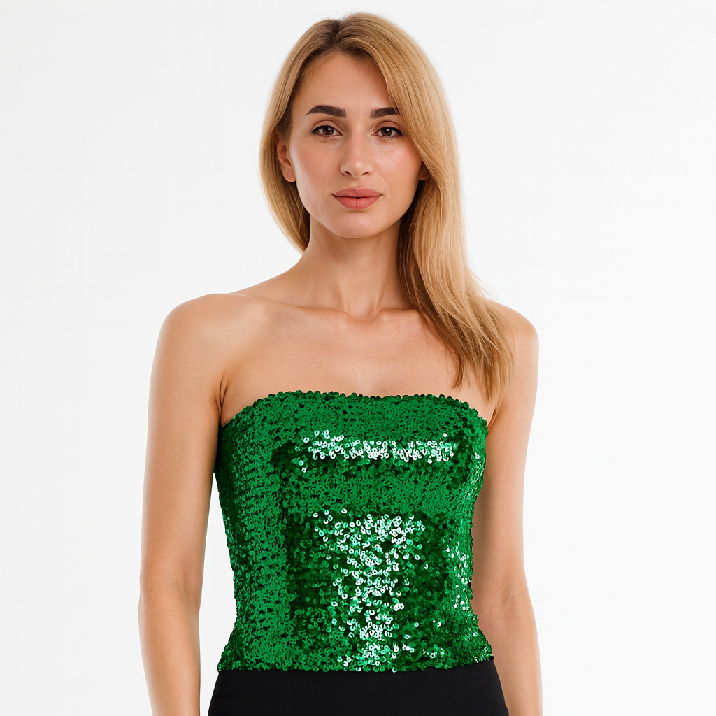 Womens SEQUIN BANDEAU CROP TOP Sparkling Sparkly Costume Tube - Green — image 2