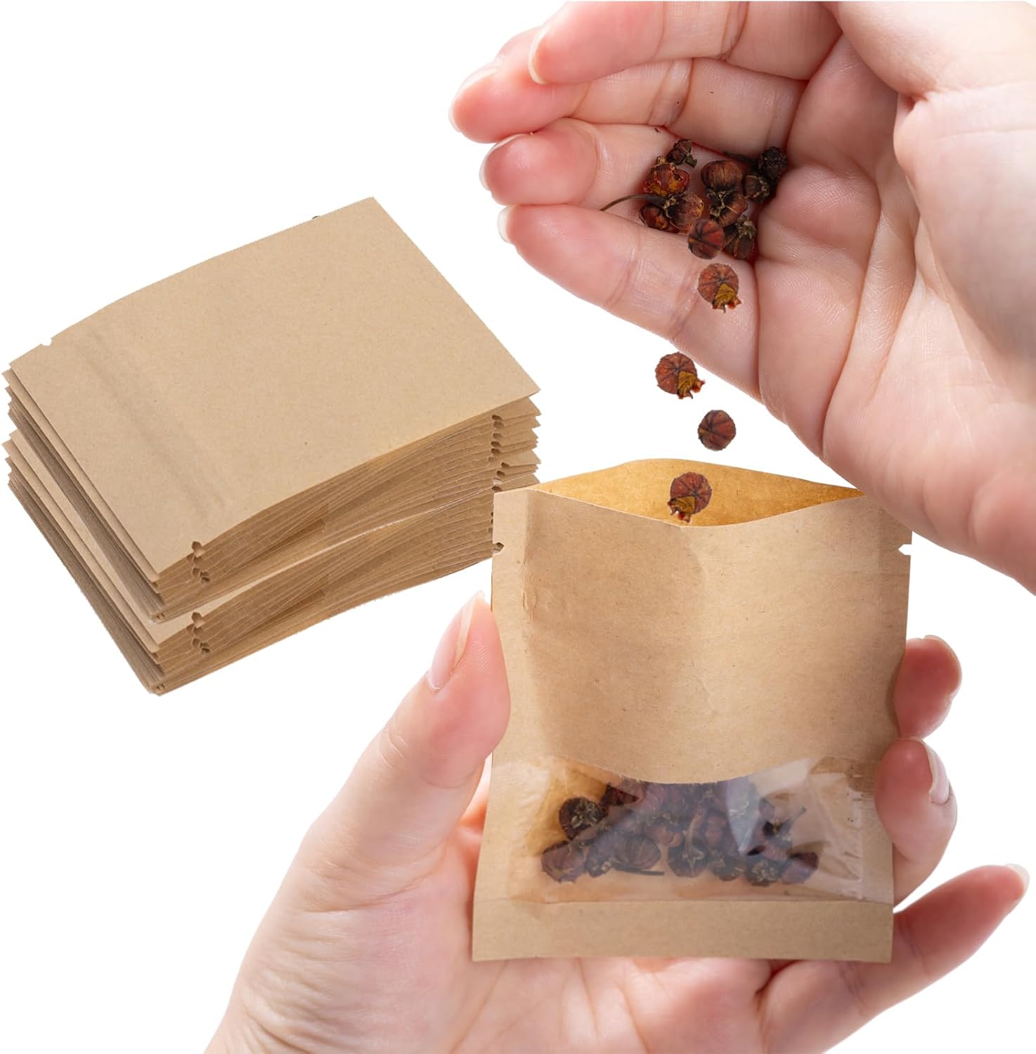 100Pcs 7×9cm Sealable Kraft Paper Bag with Transparent Window, 2.7×3.5'' Seed Coin Envelope Bags for Flower Vegetable Food Seeds Storage, Coffee Bags, Business
