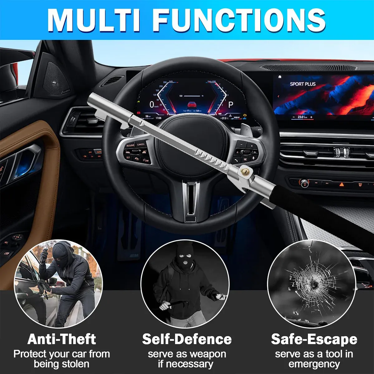 Multi Functional Car Anti Theft Steering Wheel Lock Security Bar for Vehicle Use — image 4