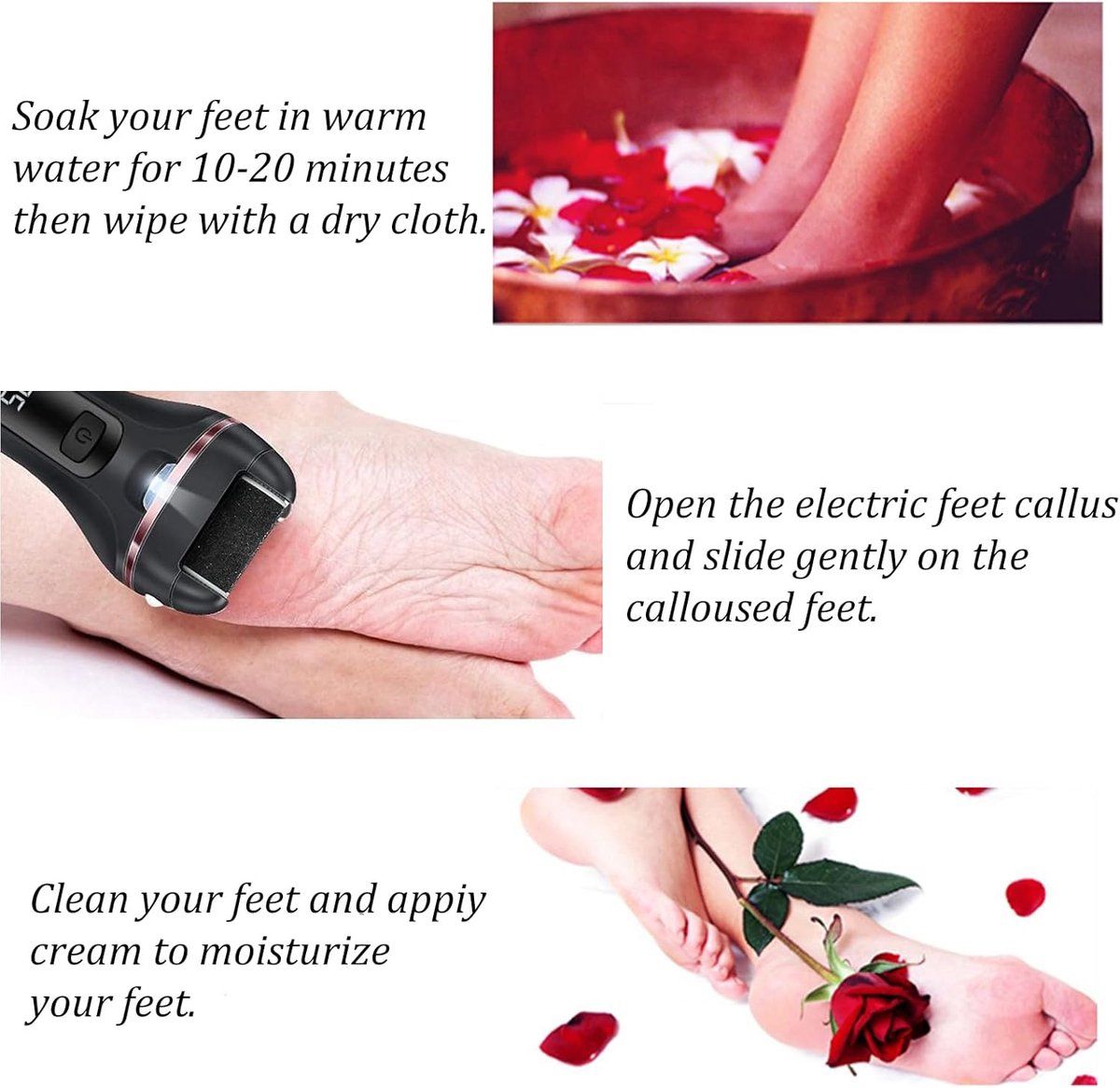 Electric foot file, With 3 roller heads, Rechargeable pedicure set for removing calluses on feet โ image 4