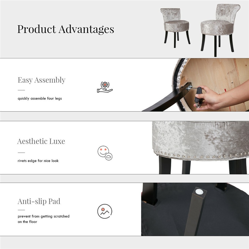 Grey Round Vanity Stool with Padded Seat and Backrest — image 4