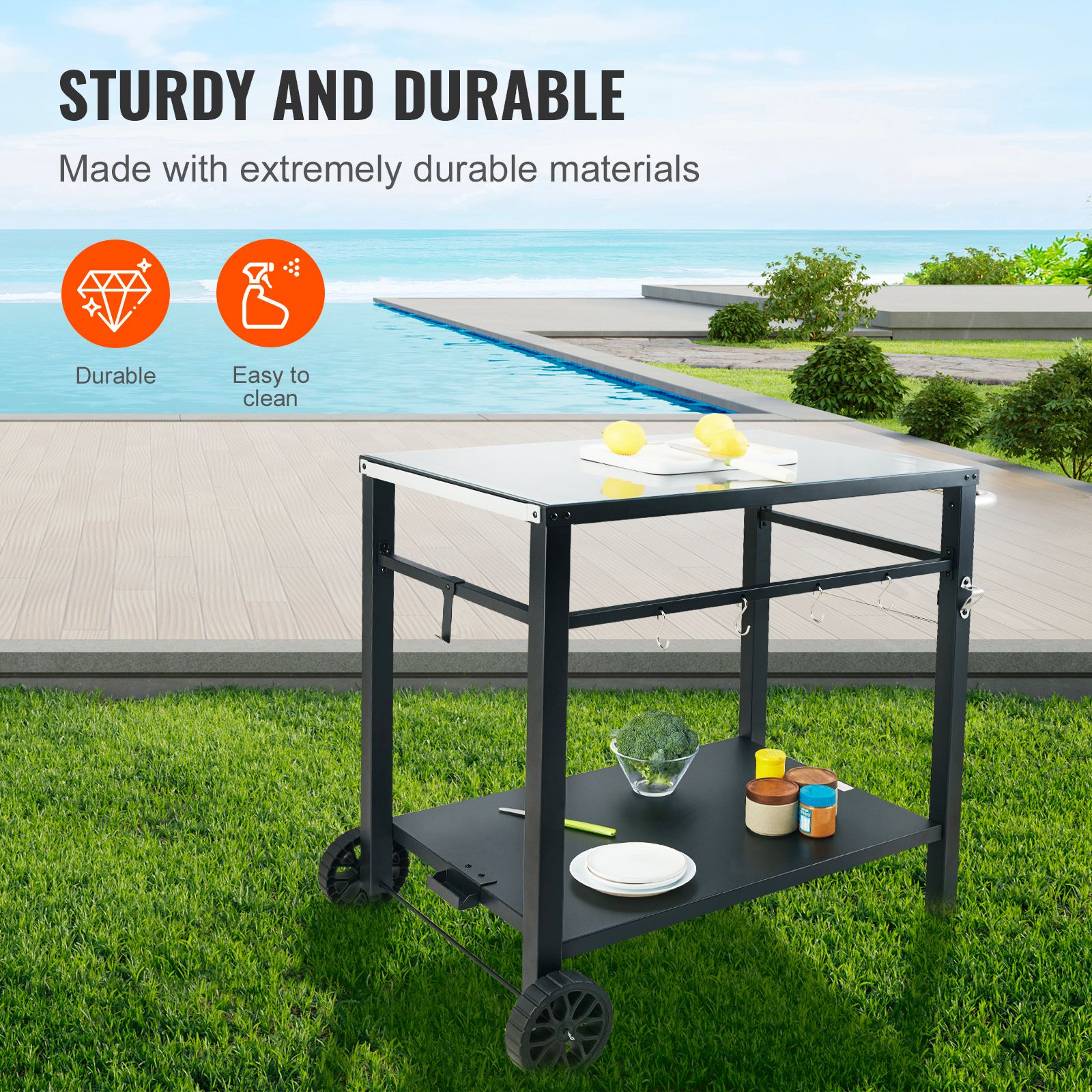 Outdoor Grill Dining Cart with Double-Shelf, 85*55cm BBQ Movable Food Prep Table, Multifunctional Iron Table Top, Portable Modular Carts for Pizza — image 3