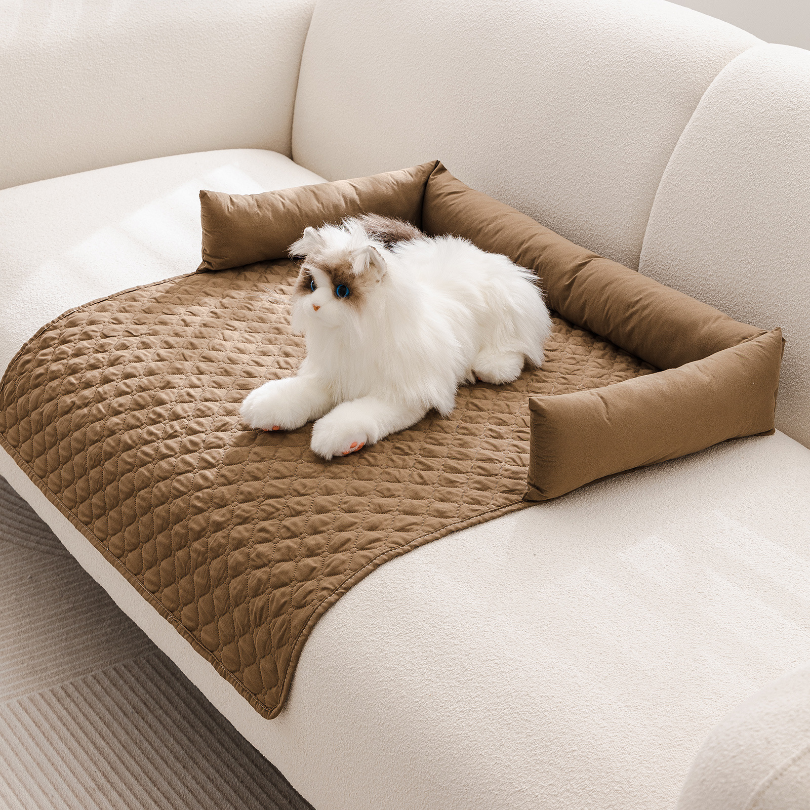 75 × 75CM Brown Waterproof & Scratch-Resistant Pet Sofa Protector Mat with Pillow | Cat & Dog Bed, Washable, All-Season