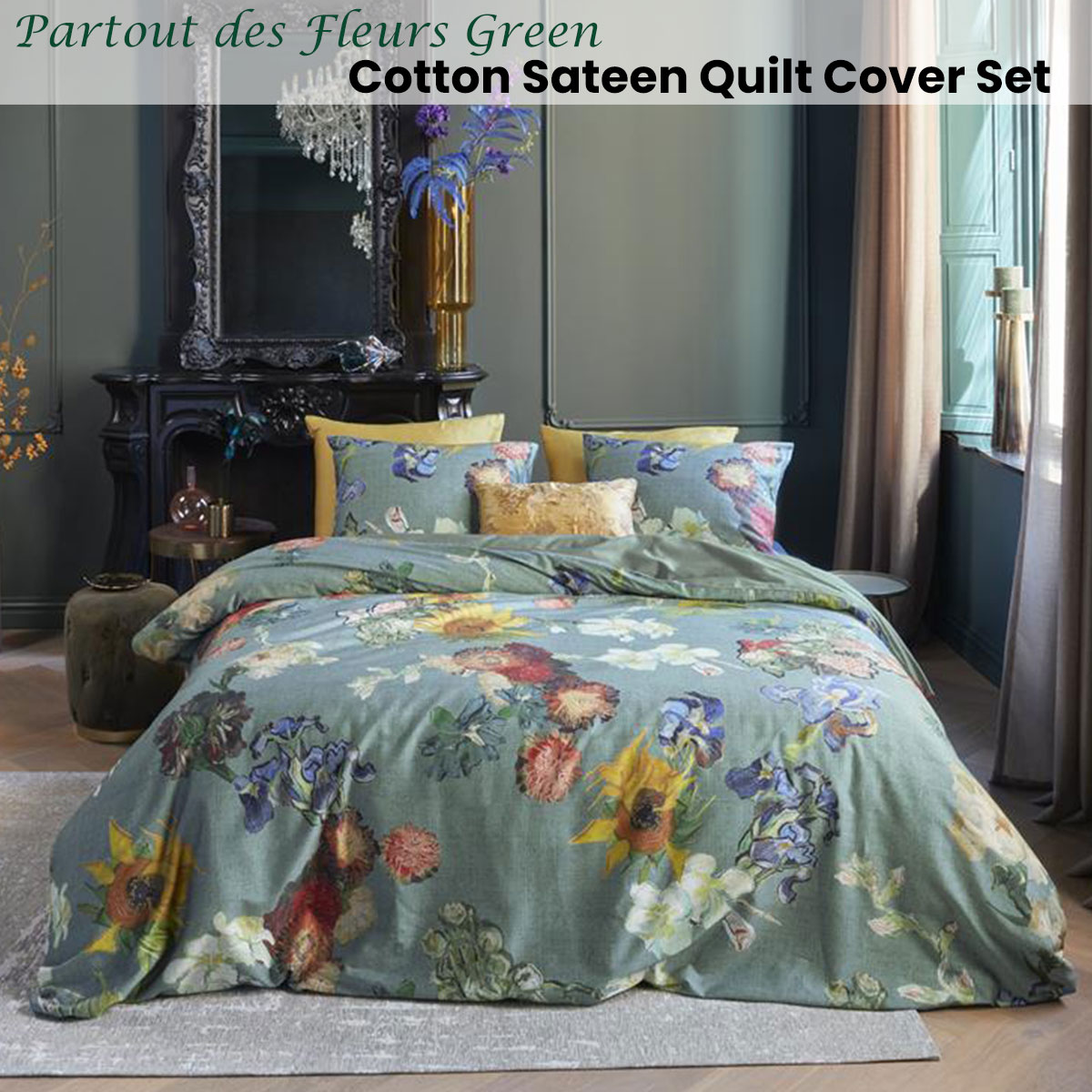 Bedding House Van Gogh Partout des Fleurs Green Cotton Sateen Quilt Cover Set King — image 2