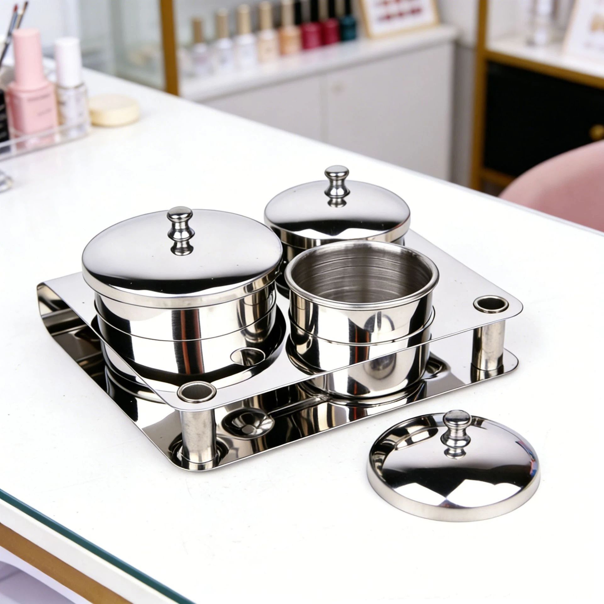 3 Pieces Nail Art Equipment Cup Bowls Stainless Steel Acrylic Liquid Powder Cup Stainless Steel Nail Powder Holder Container with Lids for Nail Art Tools — image 5