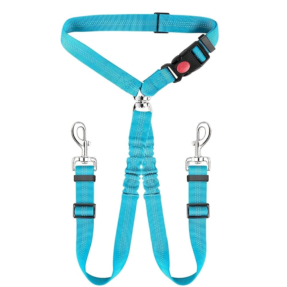 Dual-Head Pet Car Seat Belt with 360° Swivel Tangle-Free Leash for Two Dogs - Adjustable Safety Restraint for Car Travel and Outdoor Walking, Reflective Nylon