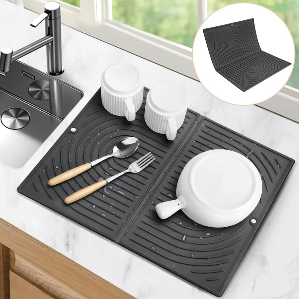 Non-Slip Silicone Kitchen Counter Mat, Foldable Water Drainage Wiping Mat, Grey, 43cm x 34cm — image 3