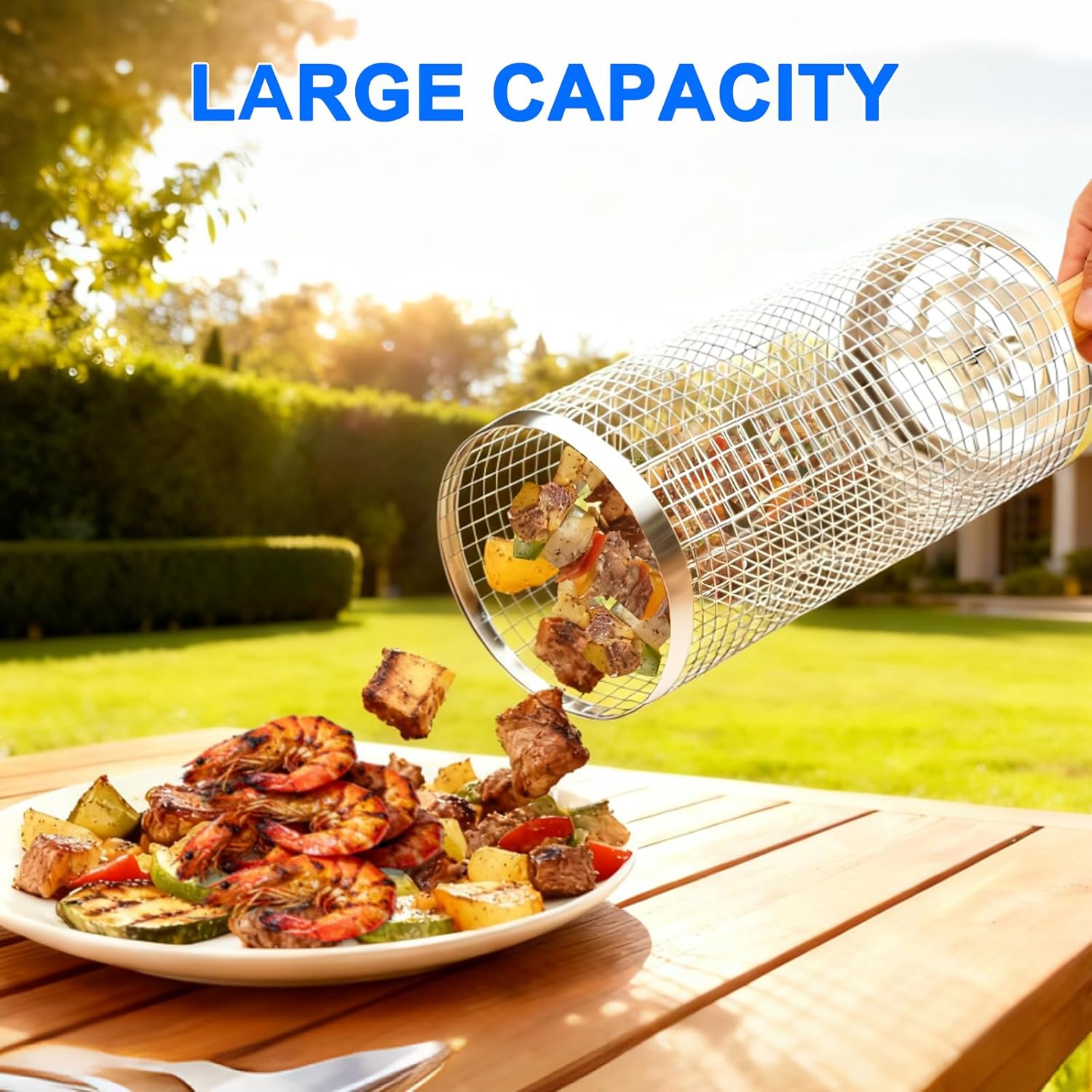 Rolling Grill Basket Set with Removable Wooden Handle – 304 Stainless Steel BBQ Rotating Cage for Meat, Vegetables & Seafood (Grey) — image 6