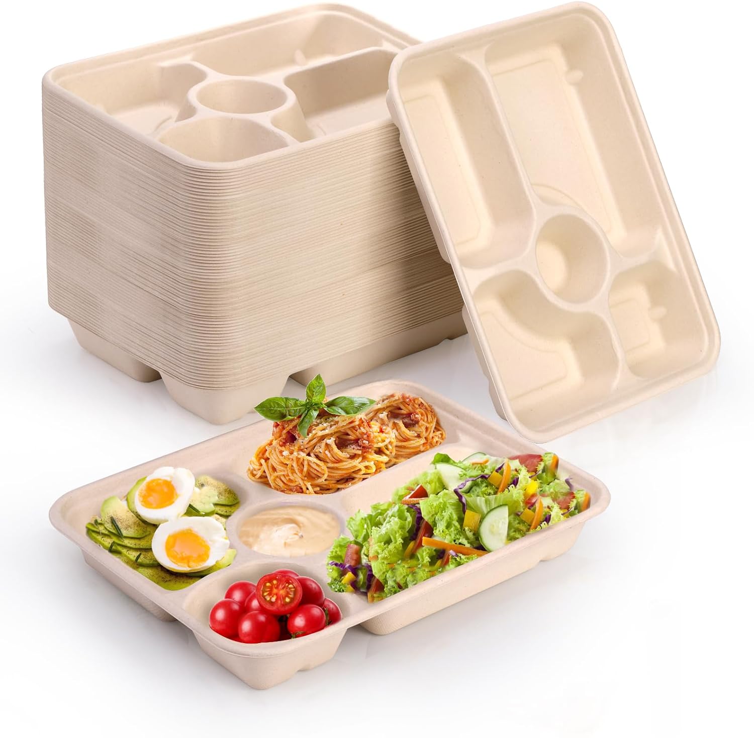 50 Pack 5 Compartment Disposable Paper Plates, 11" x 8" Compostable Bagasse School Lunch Tray, Heavy-Duty Sectional Sugarcane Plate, Divided Platter Tray for