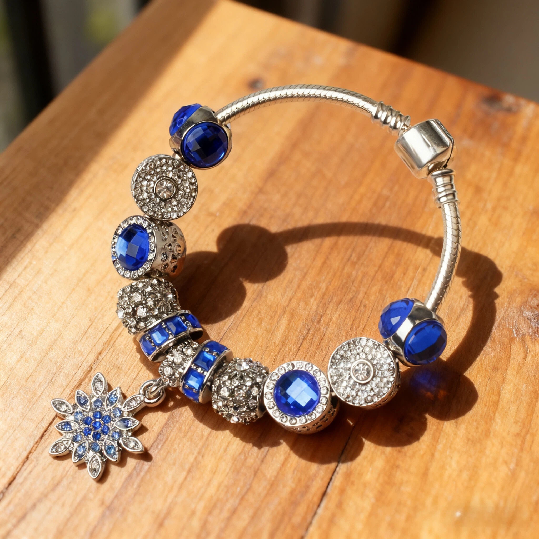 Blue Cat's Eye Glass Bead Bracelet - Zinc Alloy Rhinestone & Snowflake Pendant(20cm) โ image 3