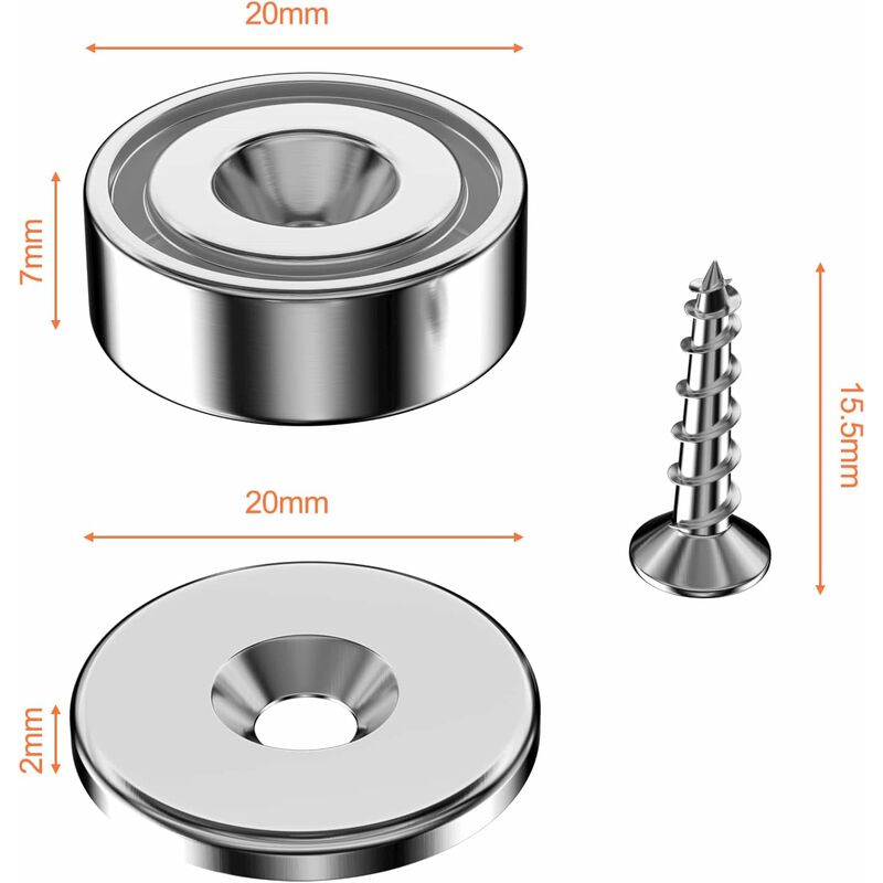 12 pcs Neodymium Magnets 10Kg Force 20 X 7Mm With Hole And Capsule, Countersunk Pot Magnet With Screws And 12 Steel — image 2