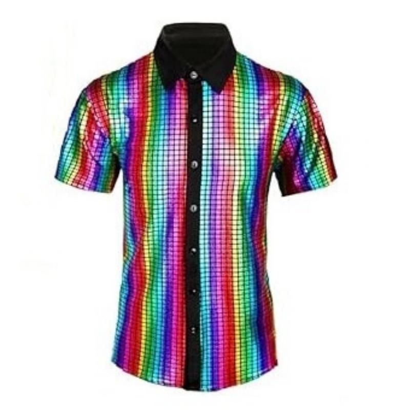 M size Men's 70s Disco Costume Set - Colorful Plaid shirt with Black Bell Bottom Pants & Accessories, Retro Polyester Dance Outfit for Parties and — image 2