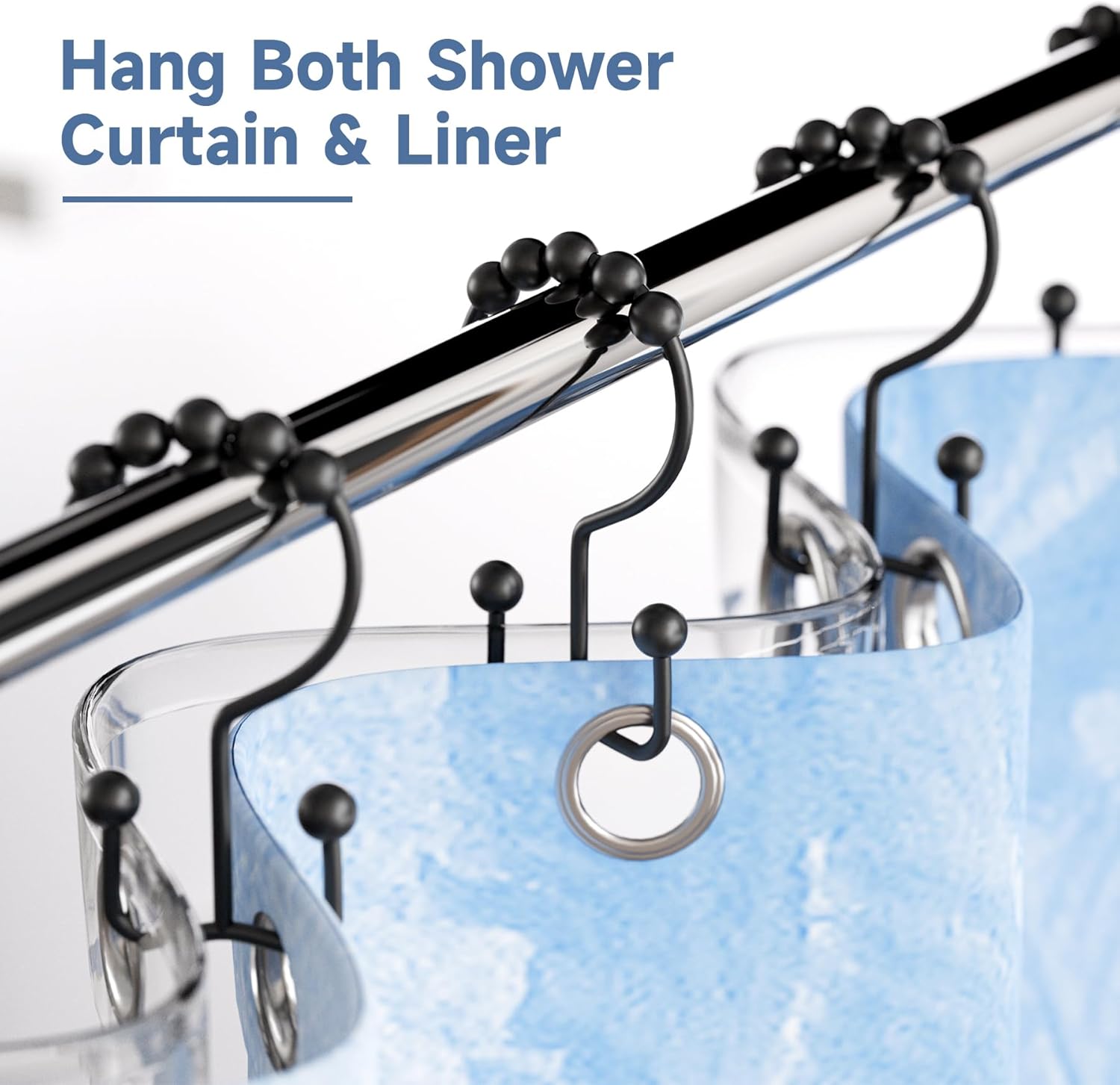 Matzwarte shower curtain hooks (12-pack) - Double hooks made of stainless steel - Hooks with smooth rolling action - Suitable for shower curtains up to 3.3 cm — image 2