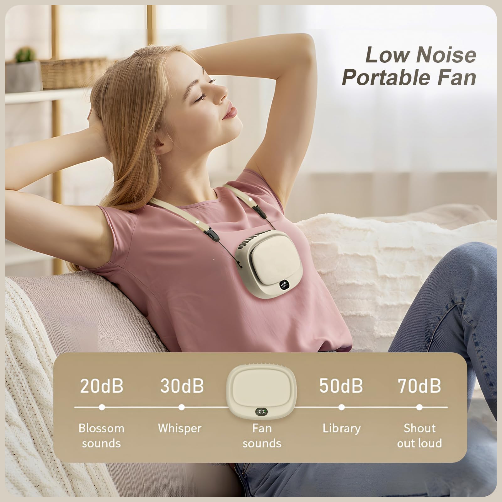 Portable Neck Fan with 5 Speeds – Rechargeable USB Mini Fan for Outdoor Travel, Work & Camping – Silent Personal Cooling Fan (Beige) — image 3