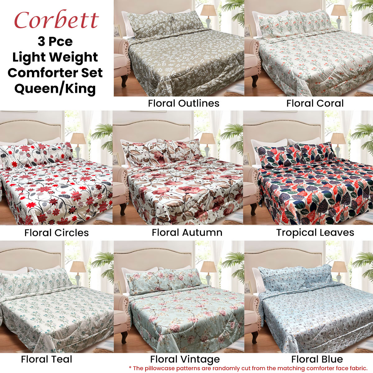 Hotel Living 3 Pce Light Weight Comforter Set Queen/King Corbett Floral Outlines — image 3
