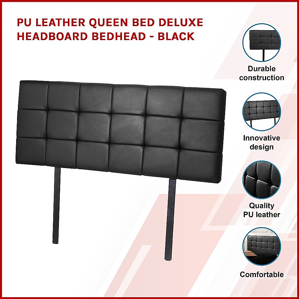 PU Leather Queen Bed Deluxe Headboard Bedhead - Black — image 3