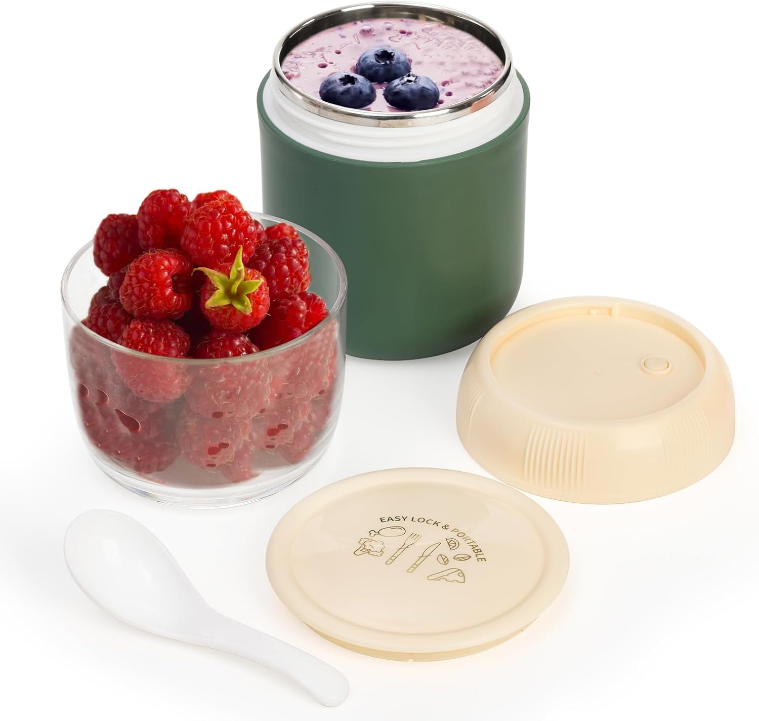 2 Pack Insulated Yogurt Container, 24oz Breakfast On the Go Cup with Plastic Topping Cereal Oatmeal Cup, 2-in-1 Food Storage Jar Lid and Spoon, Overnight Oats โ image 3