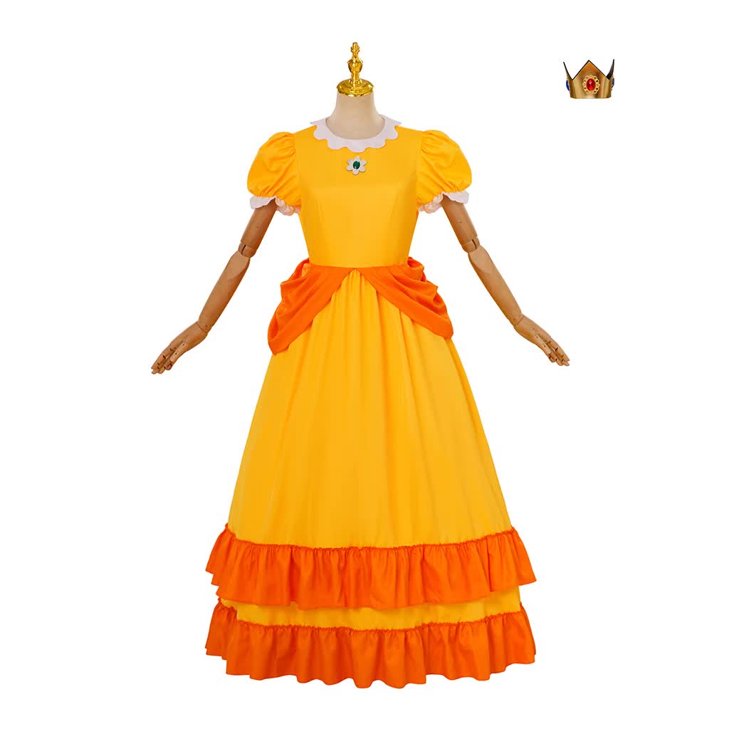 Daisy Cosplay Dress Rosalina Costume Halloween Carnival Cosplay Princess Dress with Crown Birthday Party Stage Wear with Headpiece XS Daisy