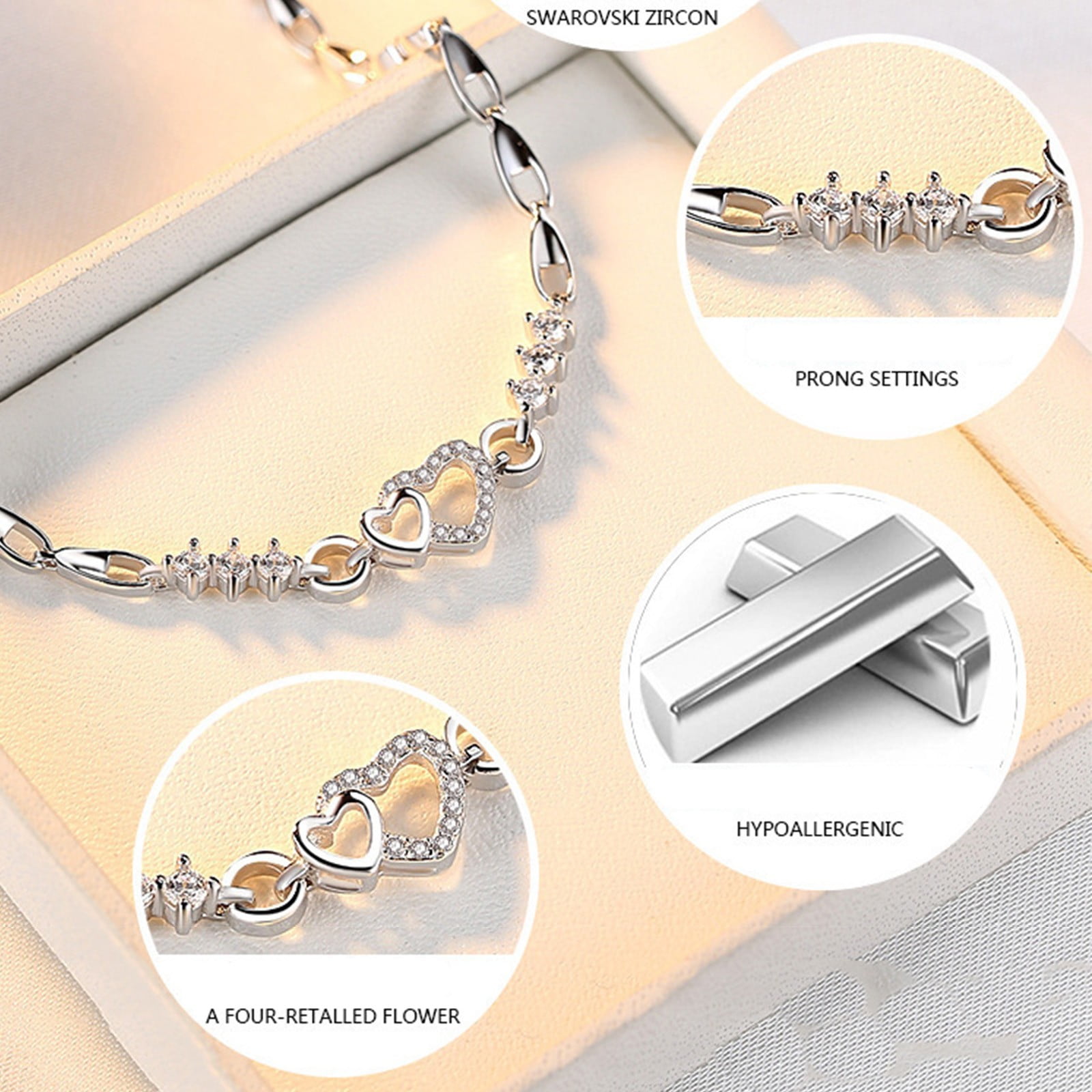 Amethyst Plated 925 Bracelet Love Heart-shaped Hand Jewelry Female Zircon Heart To Heart Jewelry, Birthday Gifts, Fits 16-19cm wrist circumference — image 6
