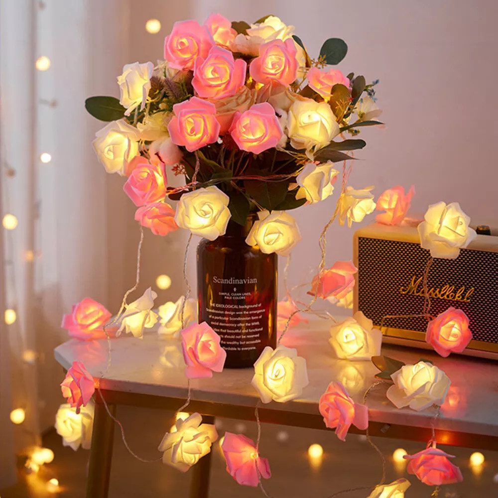 20 Pink n White Rose 3D Fairy Lights 3M String, Battery (AA) Indoor & Outdoor Decorations Wedding Valentines Romantic Room Table Lighting — image 2