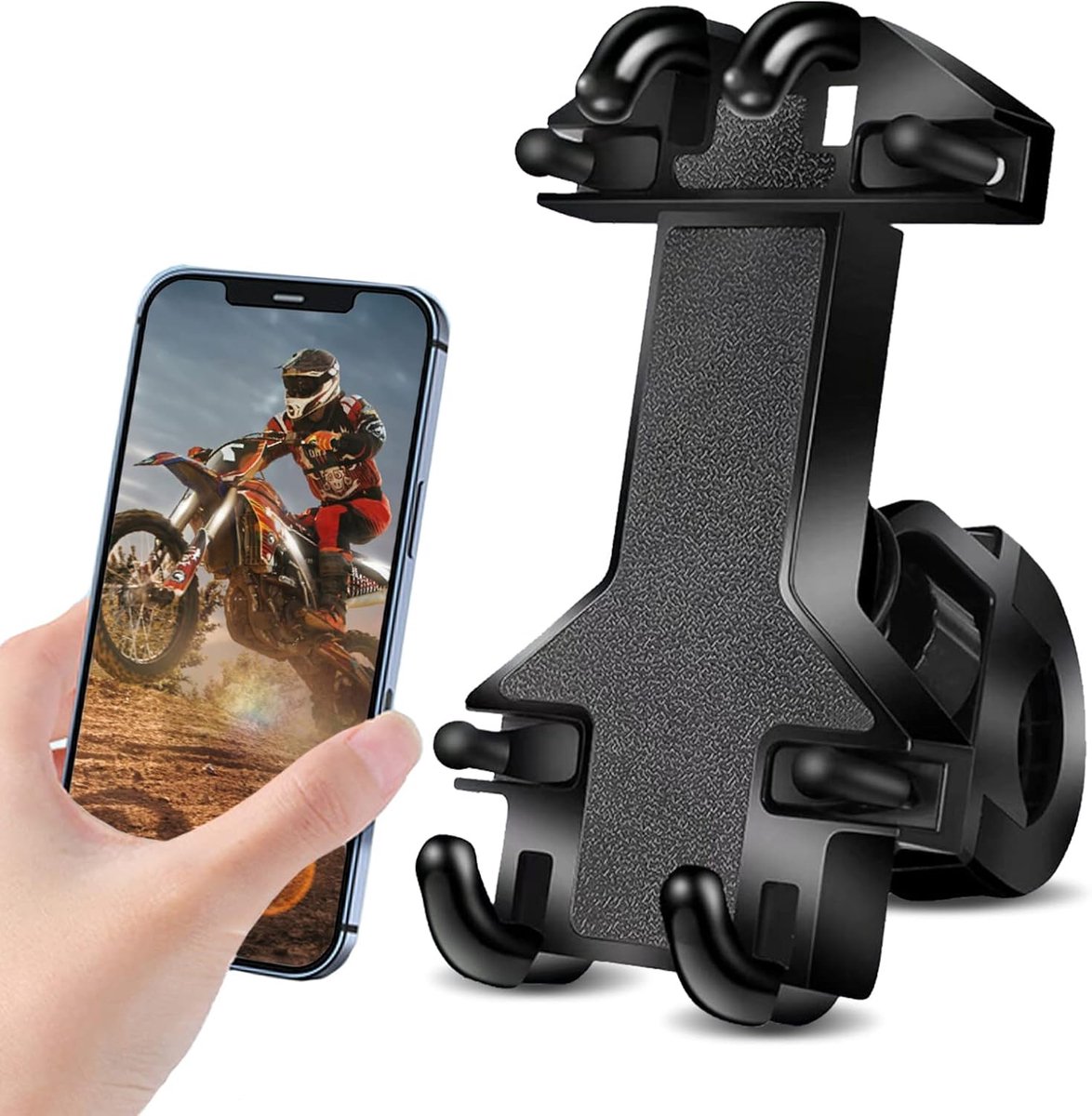 Motorcycle phone mount - Bicycle phone mount - Heavy-duty clamp for motorcycle handlebars - One-handed operation - Scooter phone mount - For phones from 4.7"