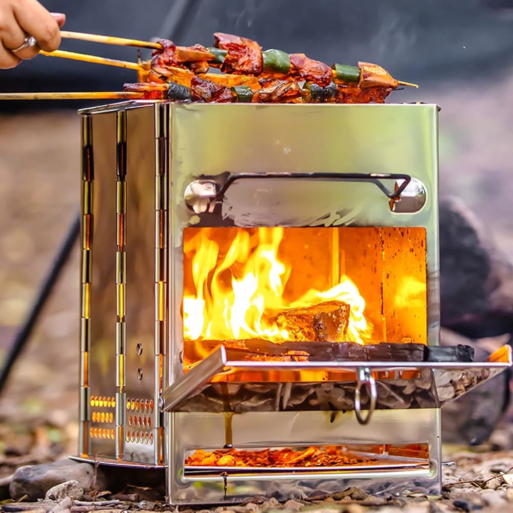 Portable Folding Camping Stove with Grill – Stainless Steel Wood-Burning Fire Pit for Hiking, Backpacking, BBQ & Outdoor Cooking (Silver) — image 5