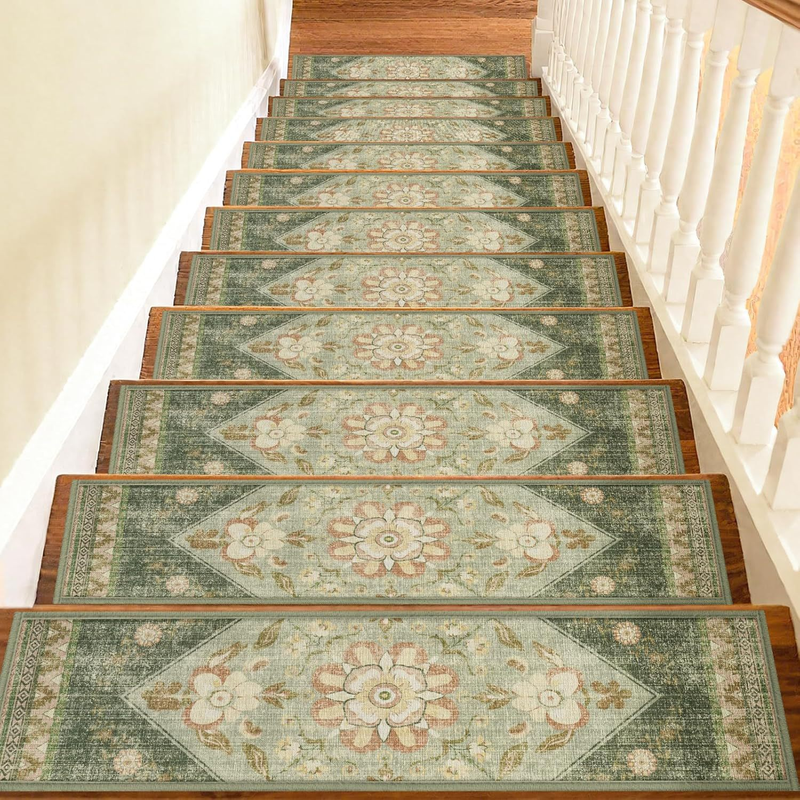 4 Pcs Green Vintage Floral Non Slip Stair Treads, Adhesive Carpet Runners for Wooden Steps Pets and Seniors, 8 × 30 in