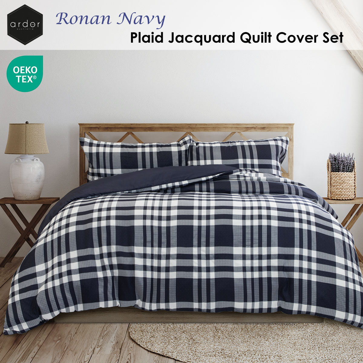 Ardor Ronan Navy Plaid Jacquard Quilt Cover Set King — image 2