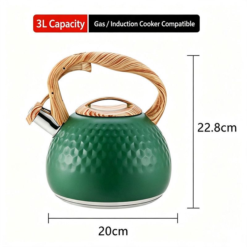 3L Hammered Stainless Steel Whistling Stovetop Kettle, Wood Grain Heat Insulated Handle, Universal for Gas & Induction Cooker, Large Capacity Water Boiler for