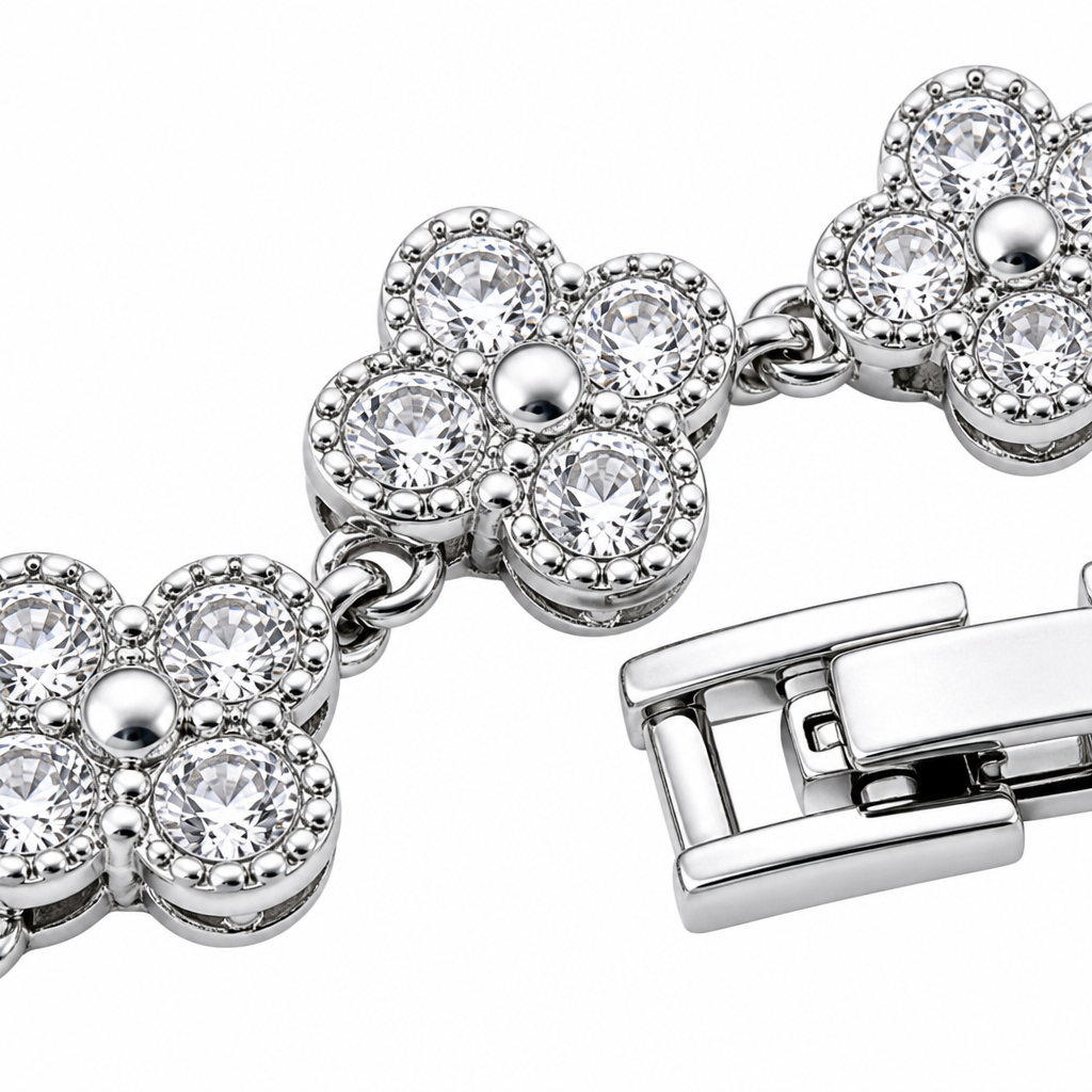 Silver and White Four-Leaf Clover Zircon Bracelet - Gold-Tone Alloy Lucky Charm Wristband with Full Crystal Pave, 22cm Elegant Fashion Jewellery for Women — image 4