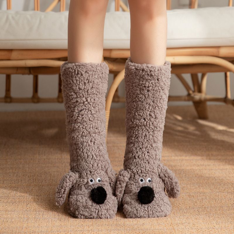 Cute Animal Plush Floor Socks - Gray-brown Puppy Thickened Coral Fleece Non-Slip Indoor Winter Warm Sleep Socks with Non-Slip Dots, Comfortable for Home Use โ image 5