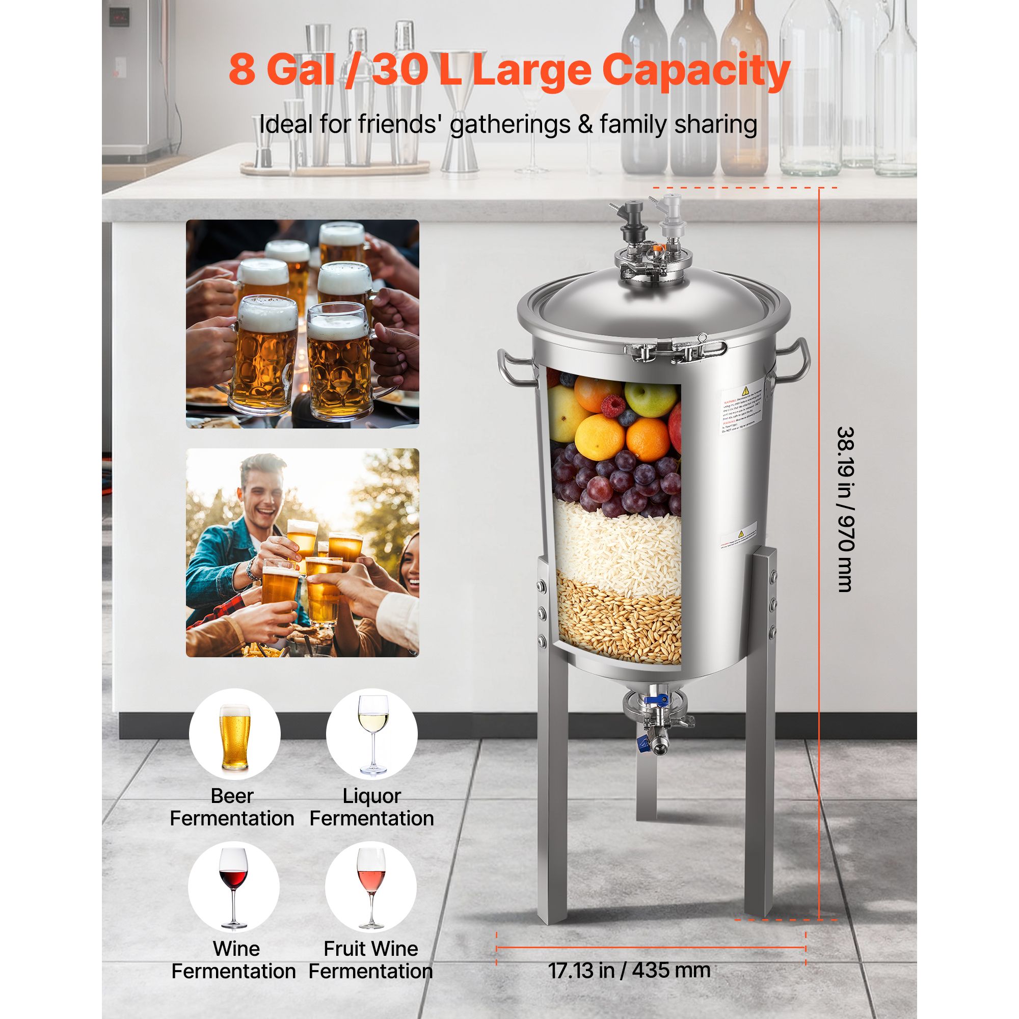Stainless Steel Conical Fermenter, 8 Gal/30L Home Brewing Fermenation Tank, Brew Bucket Fermentor with Conical Bottom, 3 Adjustable Legs, Lid, Handle & — image 5