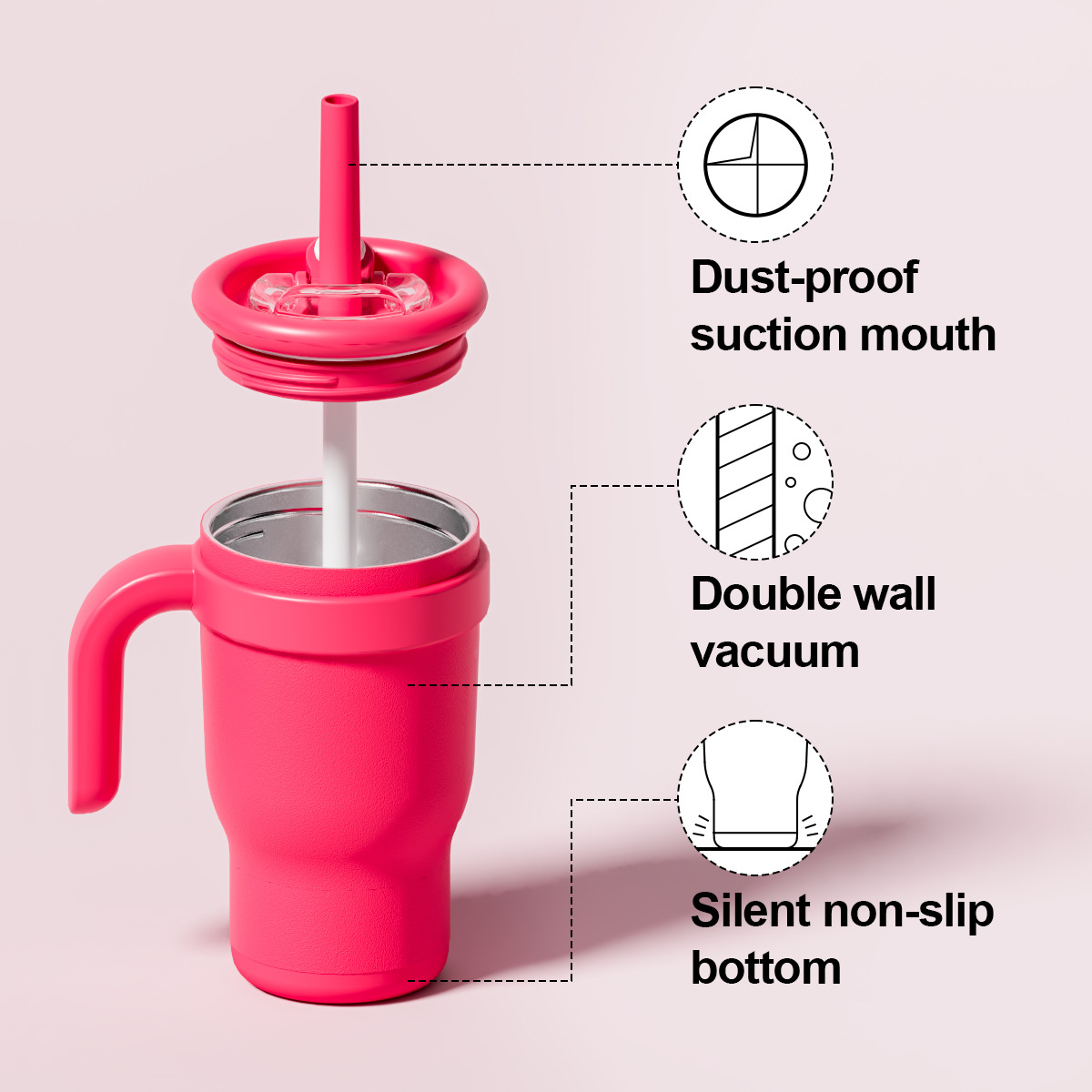 Rose Red 14oz Insulated Tumbler with Handle & Straw - 304 Stainless Steel Car Cup (Contrast Color) — image 4
