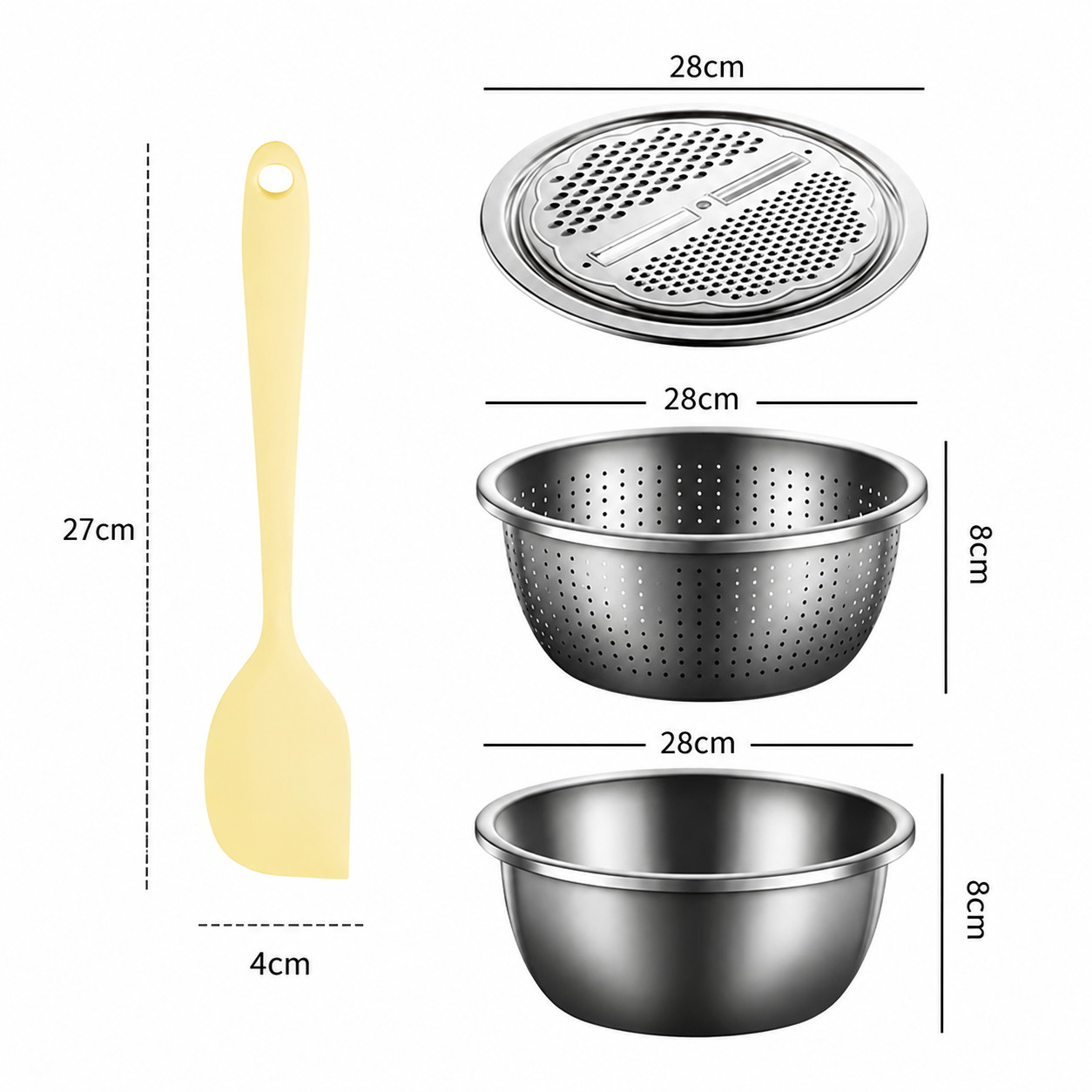 Home Salad Preparation Kit-Multifunctional Stainless Steel Vegetable Grater Bowl Set and Silicone Spatula - 28cm Kitchen Prep Tool for Slicing