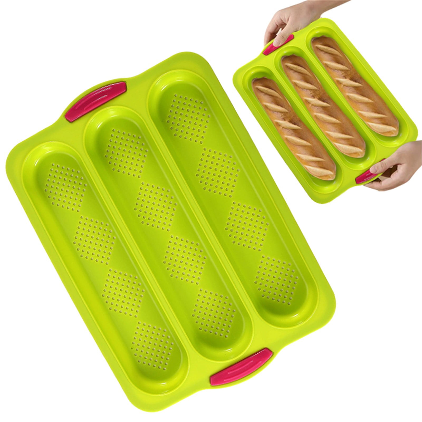 3-Slot French Bread Pan - Non Stick Silicone Baguette Mold for Hoagie, Sub Roll & Hot Dog Buns - Oven Safe Baking Tray with Vent Holes (Beige) Clearance Green — image 4