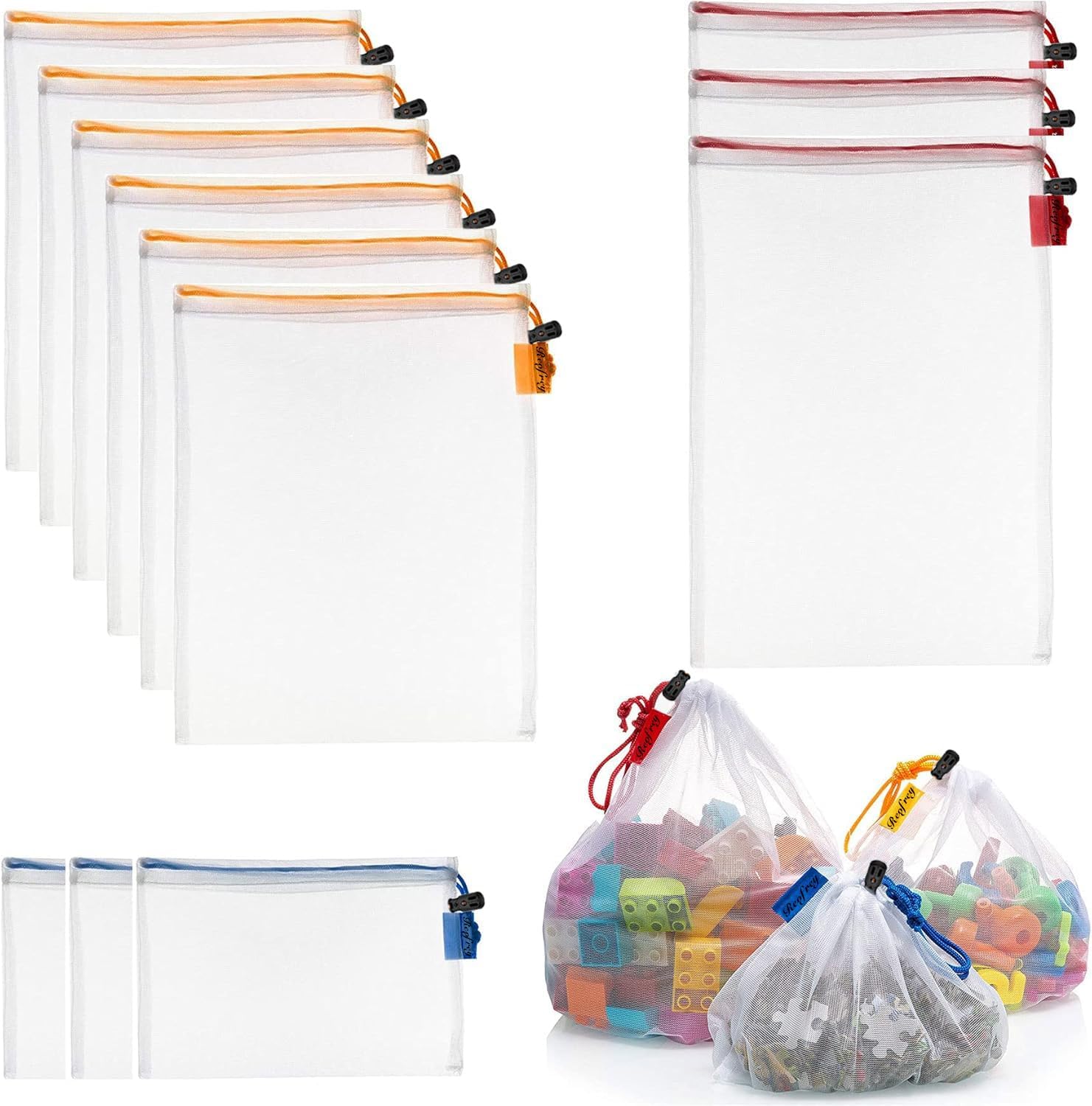 12 pieces of toy storage mesh bags - washable transparent gauze with drawstring - suitable for fruit- vegetables- groceries- storage space and toys- 3