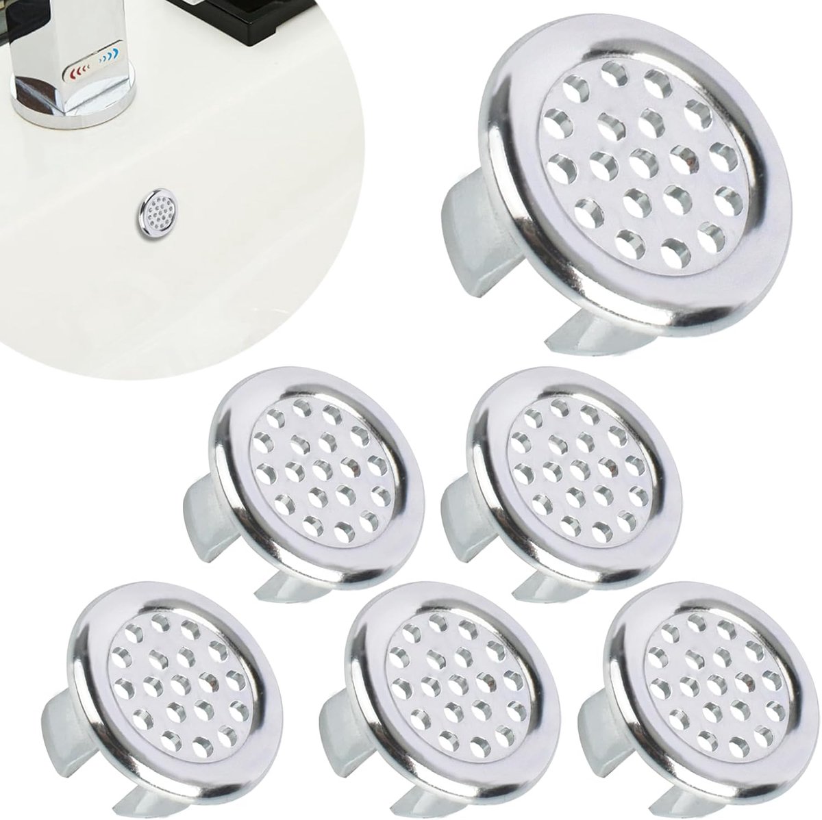 Washbasin Overflow Ring - 6 Pieces - Overflow Rings - Bathroom Overflow Ring - Sink Overflow - Drain Plug - Overflow Cover for Washbasin - Sink