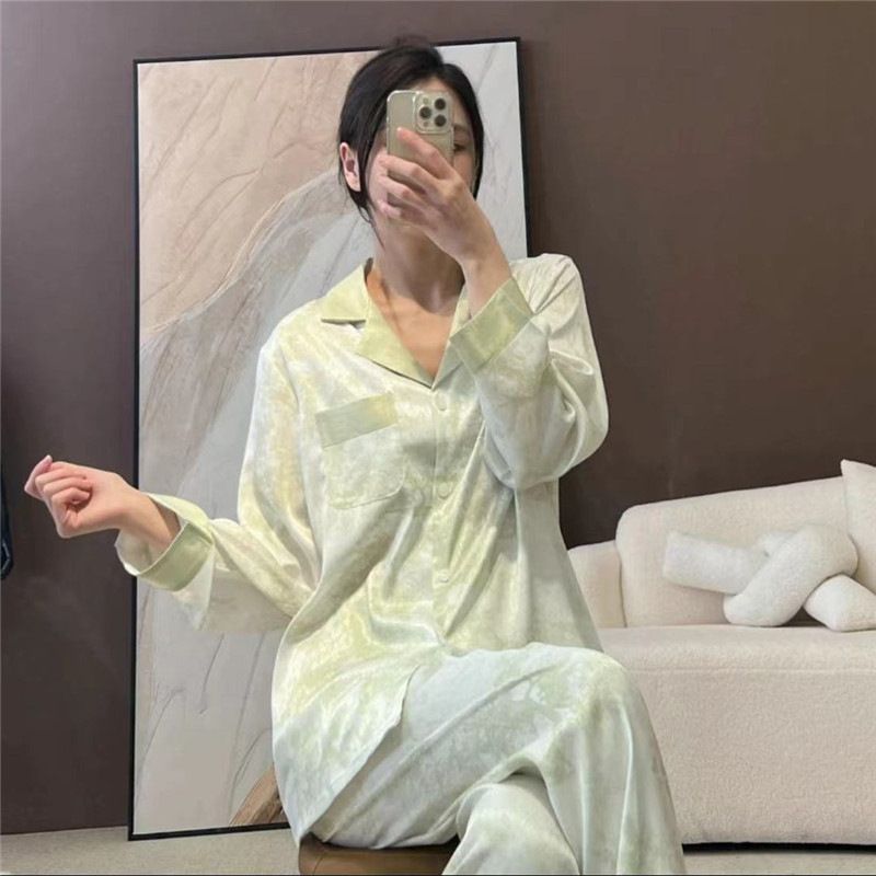 Women Long Sleeve Sleepwear Set Polyester Home Double-length green# twill sand painting M — image 2