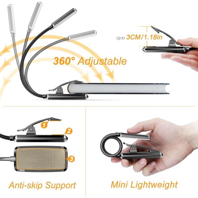 Rechargeable Reading Light, 9 LED Clip-on Reading Lamp, Stepless Dimming and 3 Eye Protection Modes, Cold and Warm White, 360 Degree Flexible Neck — image 3