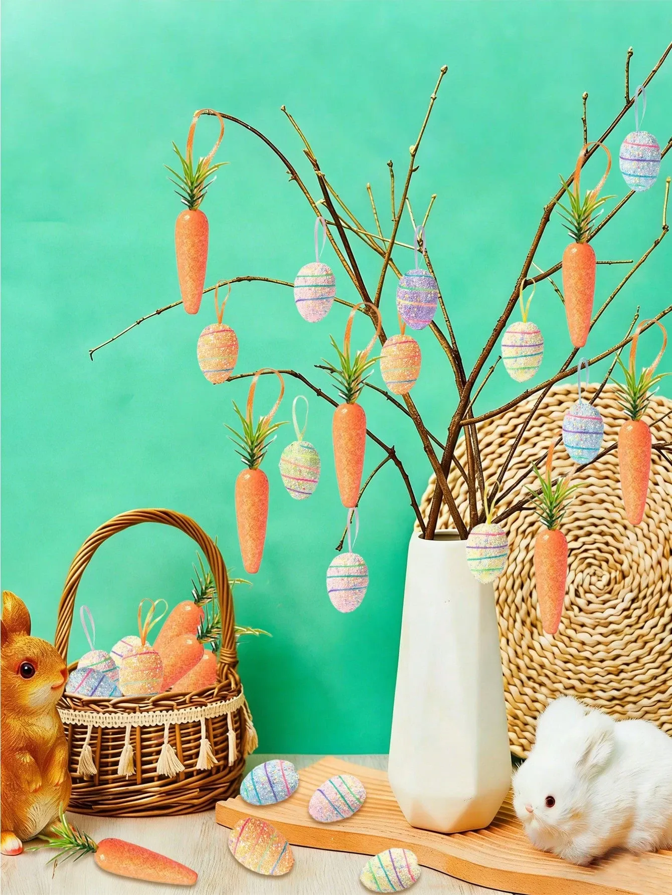 12Pcs Easter Egg+6Pcs Carrot Hanging Ornaments – Colorful Foam Glitter Eggs & Carrots, Easter Tree Decorations, DIY Crafts for Home Party, Spring Easter Decor — image 5
