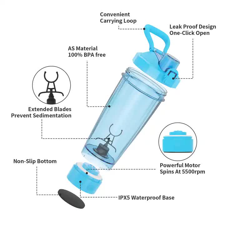 Pink Portable Electric Shaker Bottle without LED Light, 550ml Sports Protein Mixer Cup for Gym and Travel — image 5