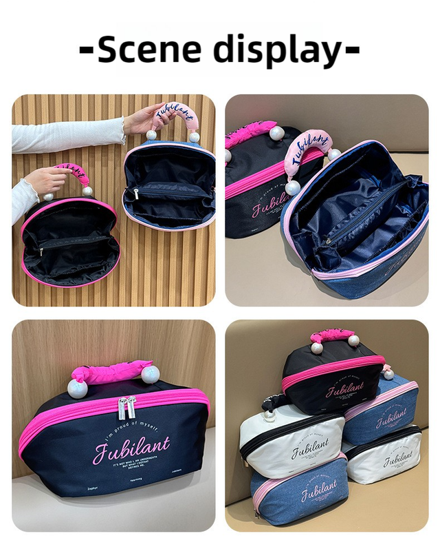 Denim Blue Portable Waterproof Color Block Makeup Bag with Pearl Handle, Large Capacity Cosmetic Storage Organizer for Travel and Daily Use — image 5