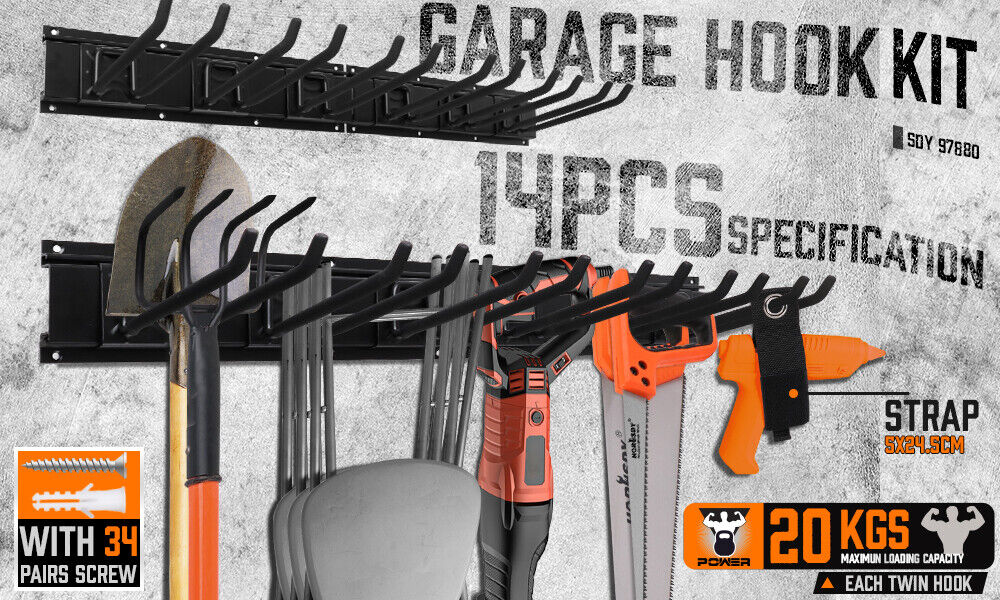 Wall Mounted Hook Rail Set Bike Holder Garden Tool Storage Rack Garage Organizer โ image 2
