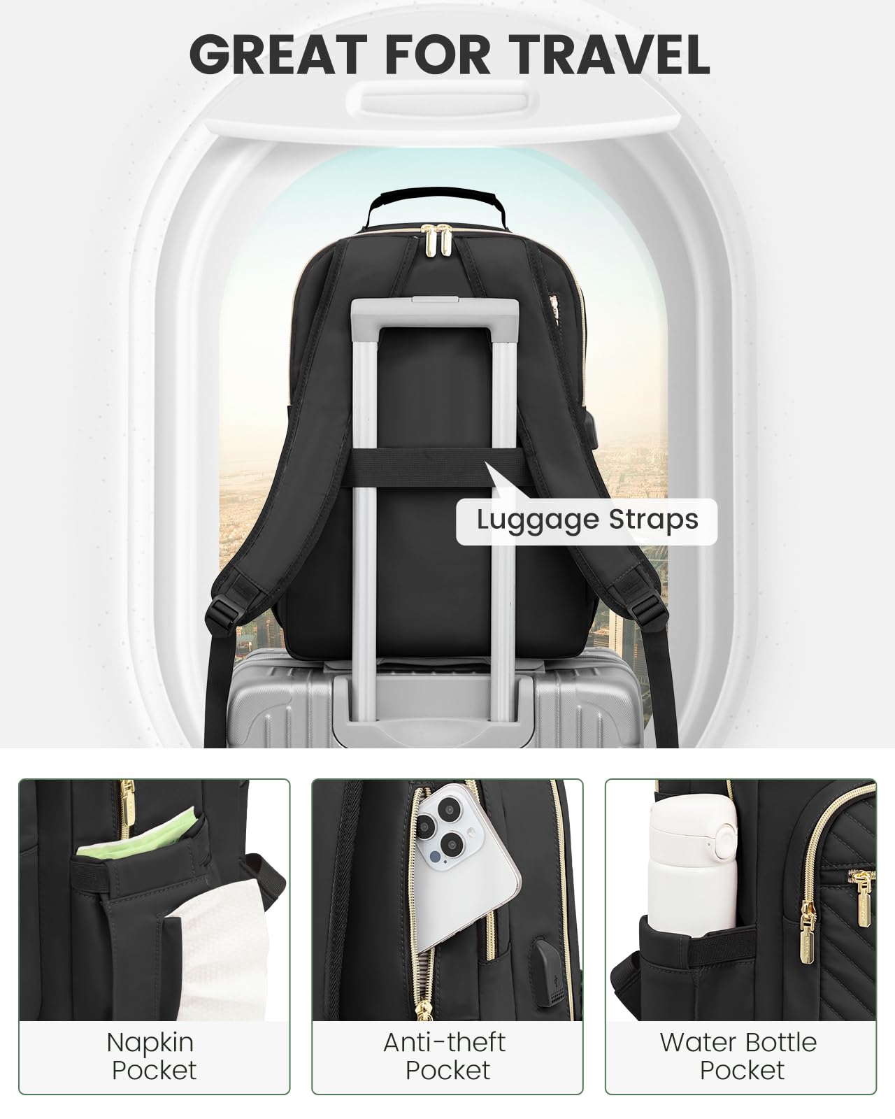 Stylish Laptop Backpack for Women – Large Capacity 27L Computer Bag with 15.6 Inch Compartment, USB Charging Port & 16 Pockets – Ideal for College, Work & — image 4