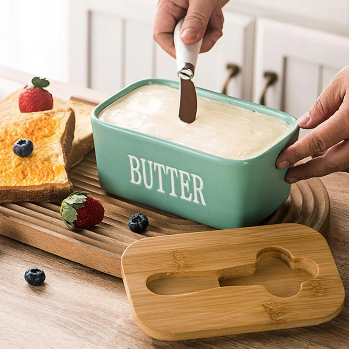 Butter Box with Knife Rectangular Cheese Container with Wooden Lid for Kitchen - Blue β image 6
