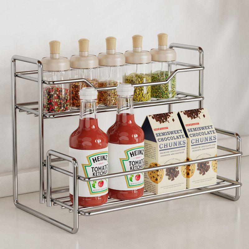 Stainless Steel Two Layers Storage Shelf Kitchen Spice Rack Bathroom Cosmetics Mouthwash Cup Organizer Storage Rack-Silver โ image 2