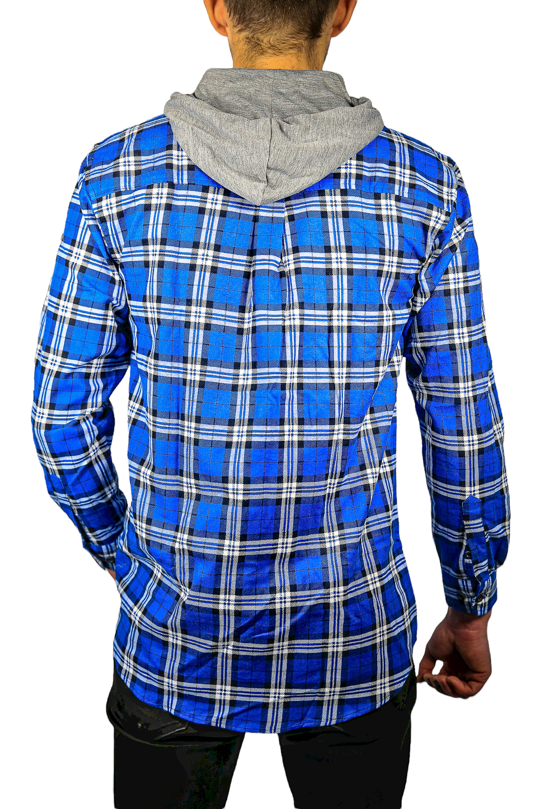 Mens Cotton Flannelette Shirt w Jersey Hood Long Sleeve Flannel - Spanish Blue โ image 5
