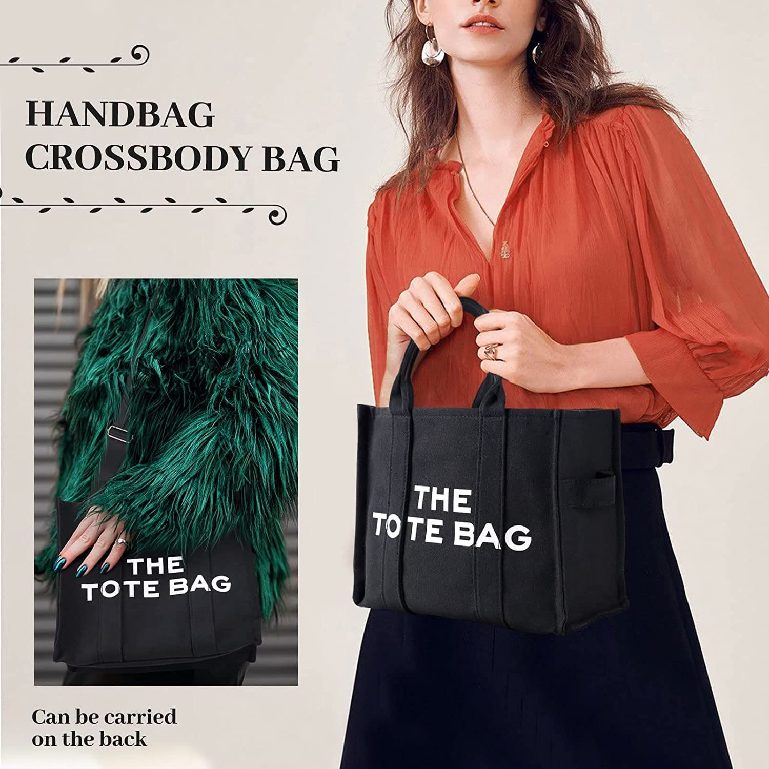 (black )Tote Bag for Women Canvas Shoulder Cord Purse with Inner Pocket Women's Logo and print Large Tote Bag — image 2